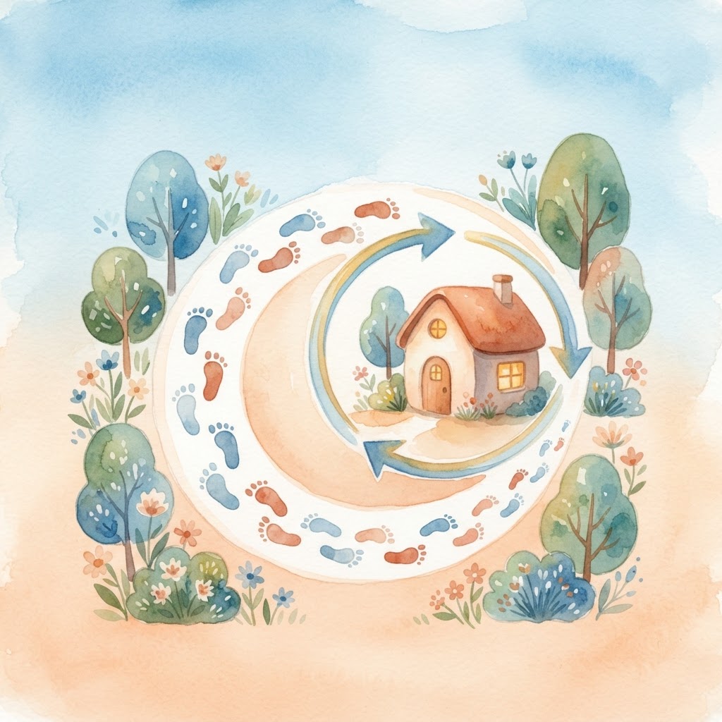 Illustration of a circular path around a cozy home, symbolizing continuing care