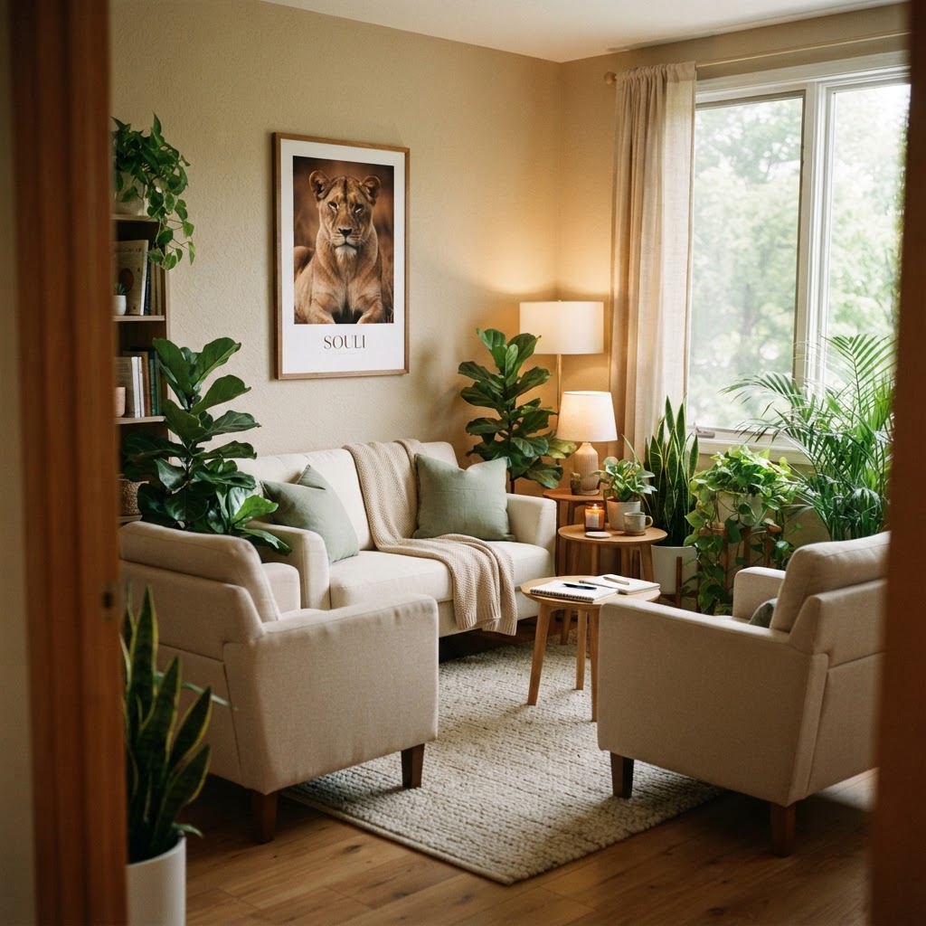 Warm therapy office with armchairs, plants and a framed lioness artwork