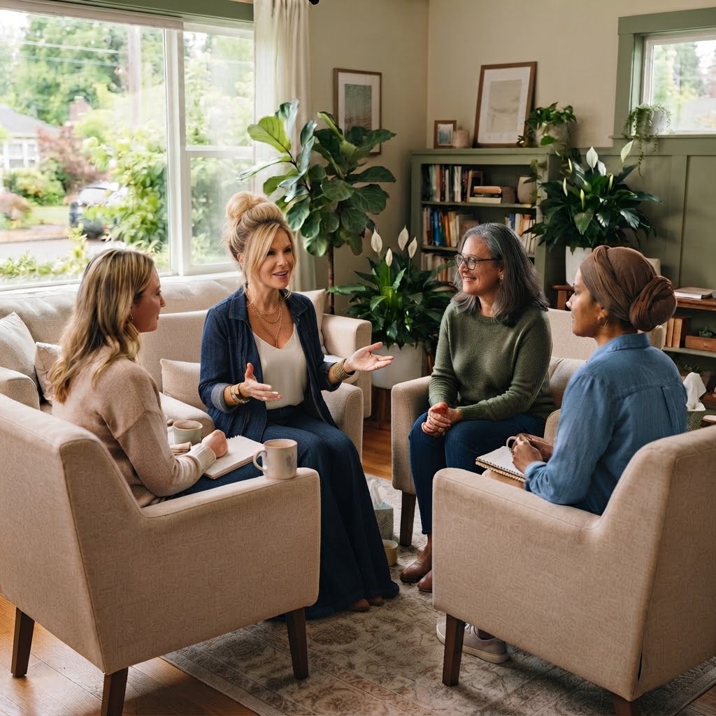 A small group of women connecting in a therapy circle