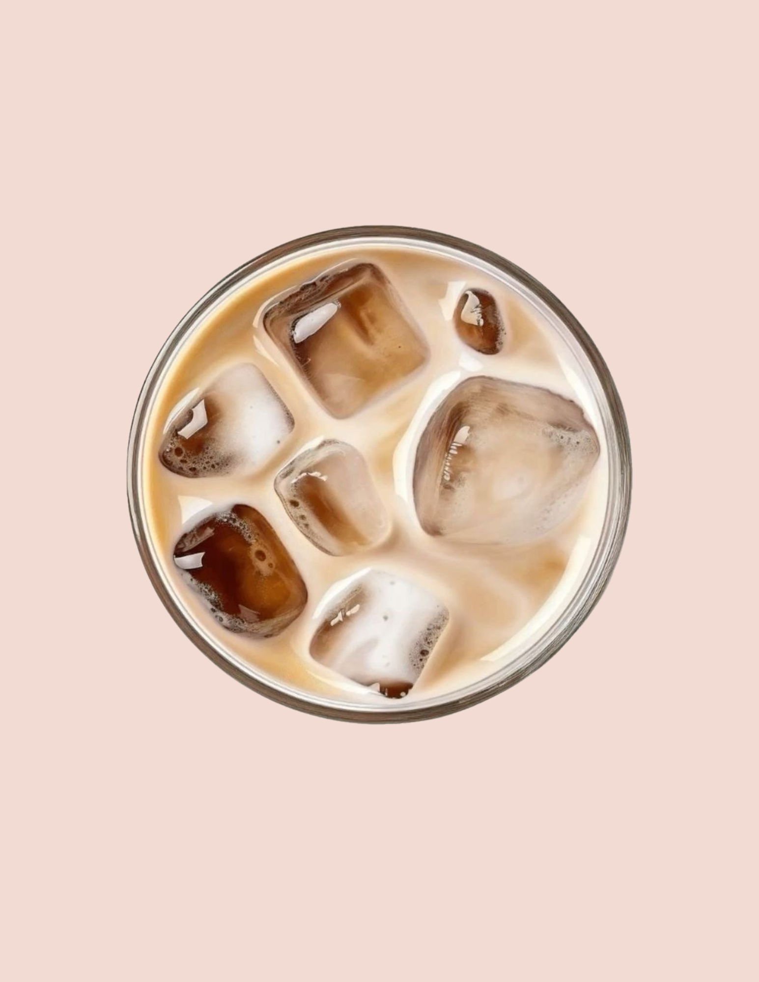 A glass of iced coffee, viewed from above