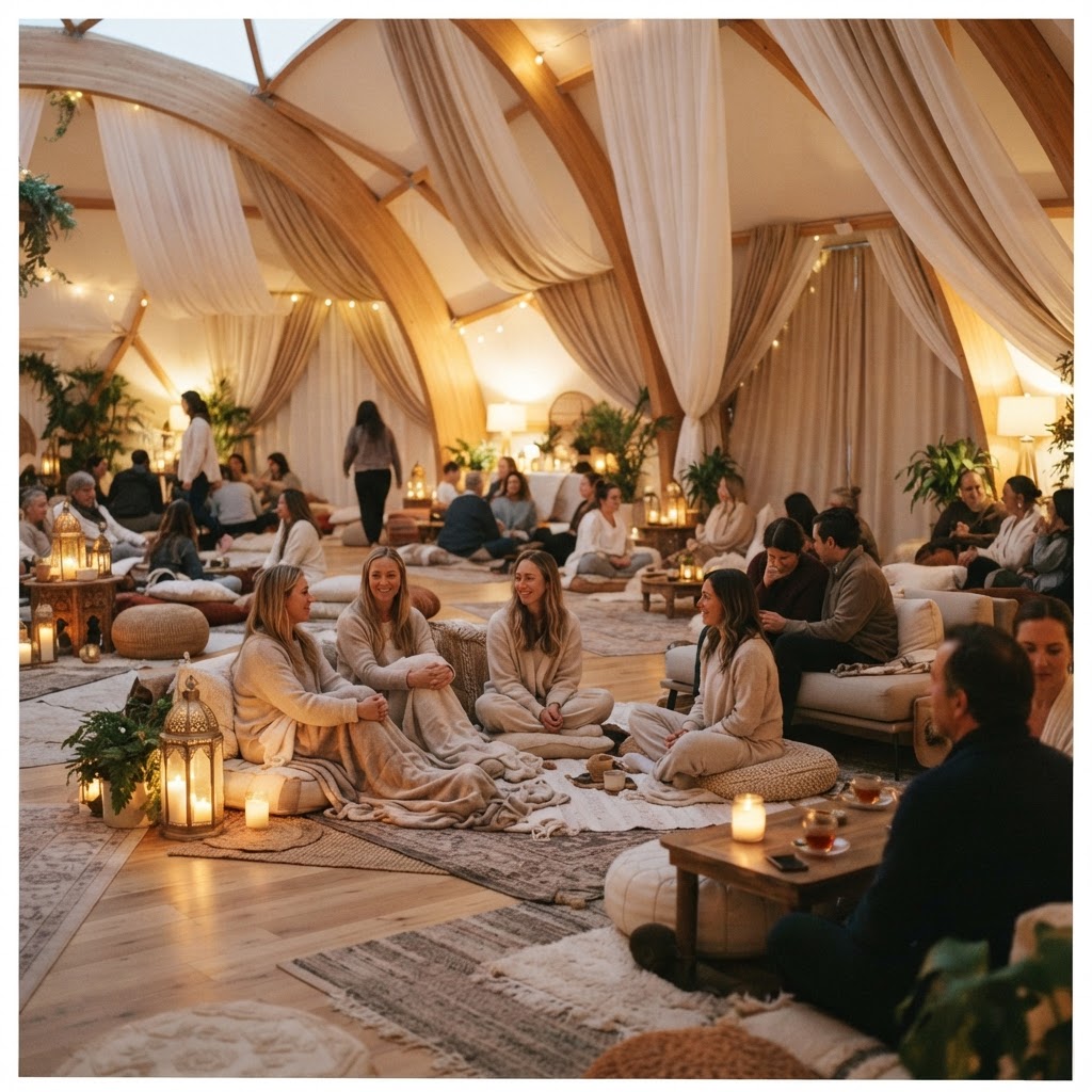 Soft light networking dome with quiet seated conversation and a calm restorative atmosphere