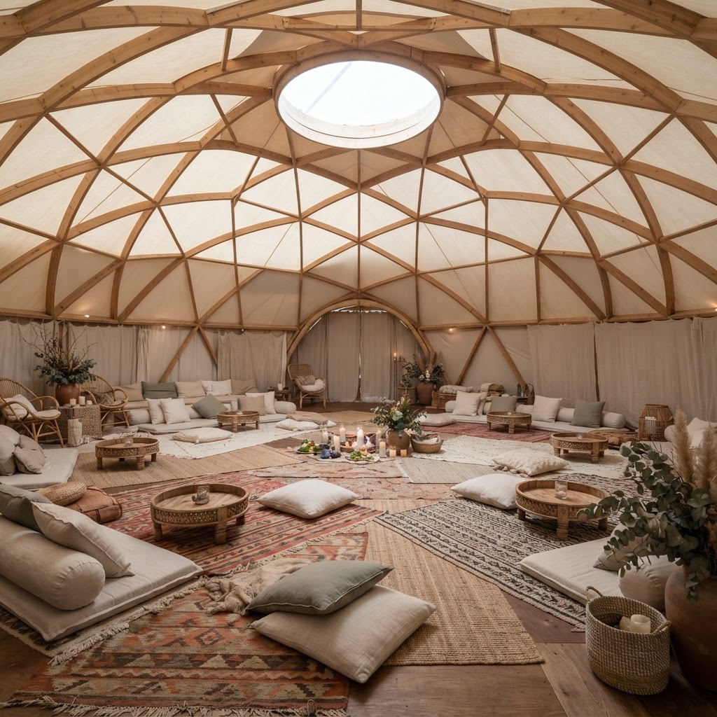 Large sanctuary dome interior with tranquil grounding lounge areas