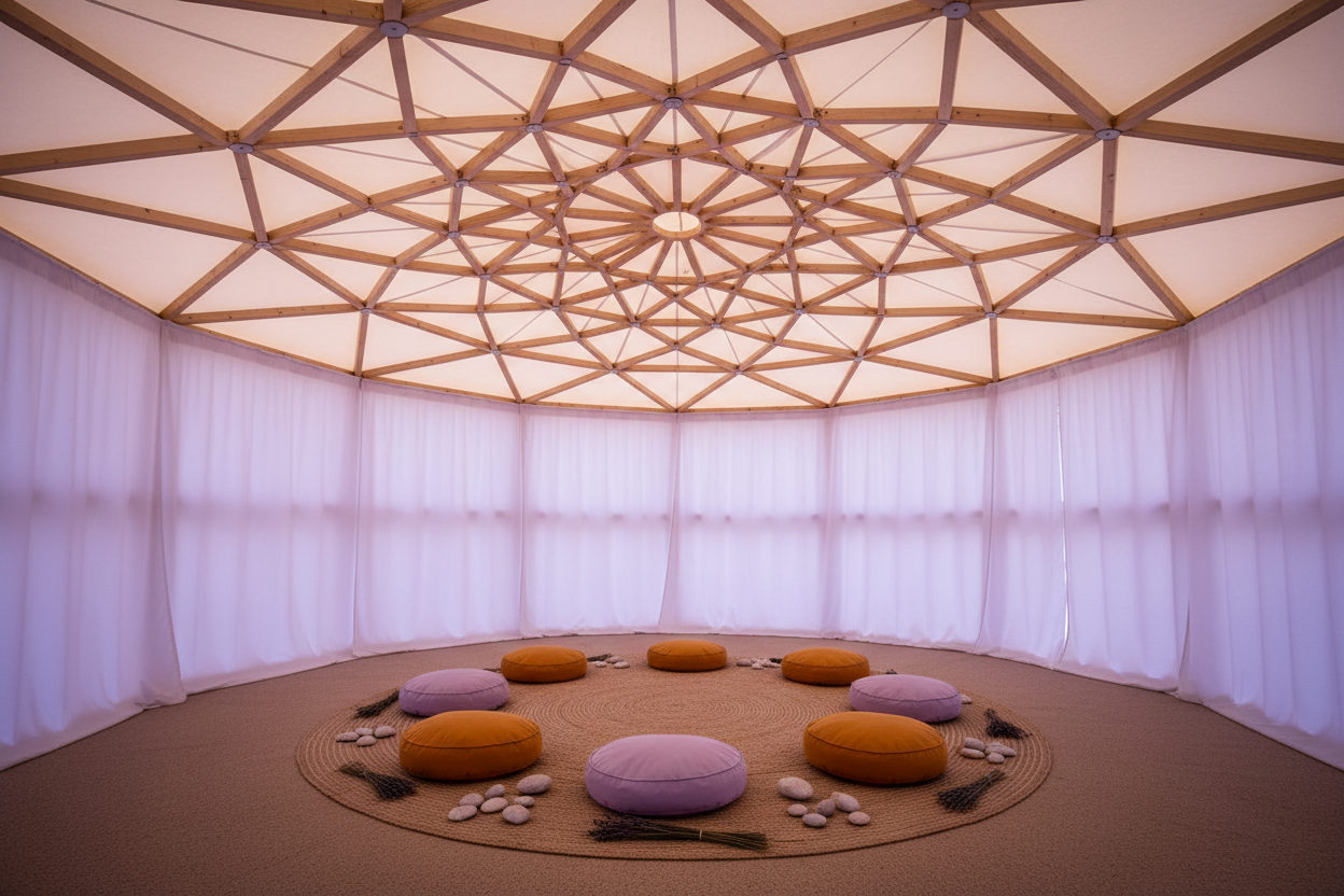 Intimate healing pod with circular geometric canvas ceiling and meditation cushions