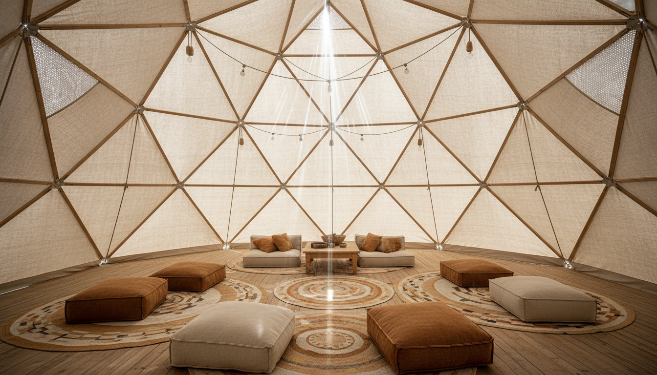 Sacred healing tent interior with sunlight filtering through canvas seams