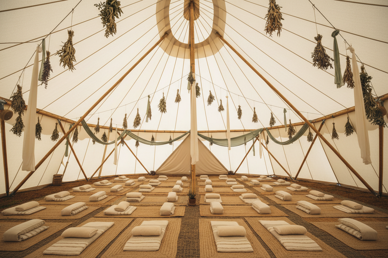 Large breathwork ceremony tent with high peaked canvas roof and natural light