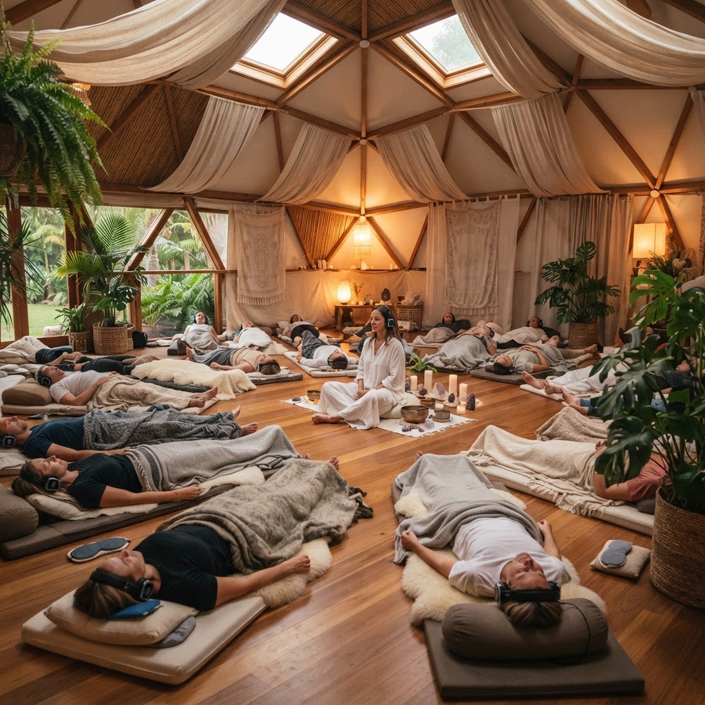 Large breathwork dome with silent disco headphones, blankets, and a peaceful regulated atmosphere
