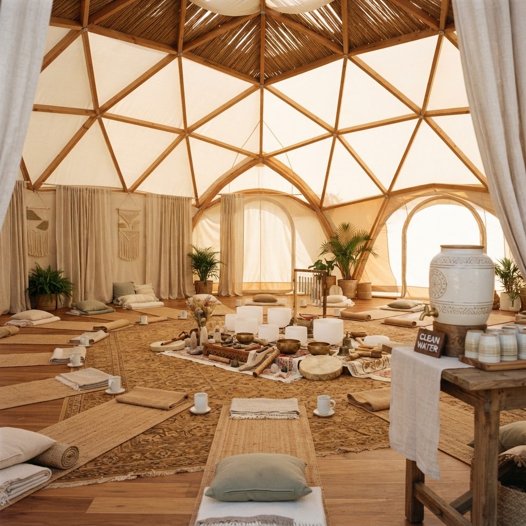 Festival sanctuary dome with water stations, yoga mats, and sound healing tools