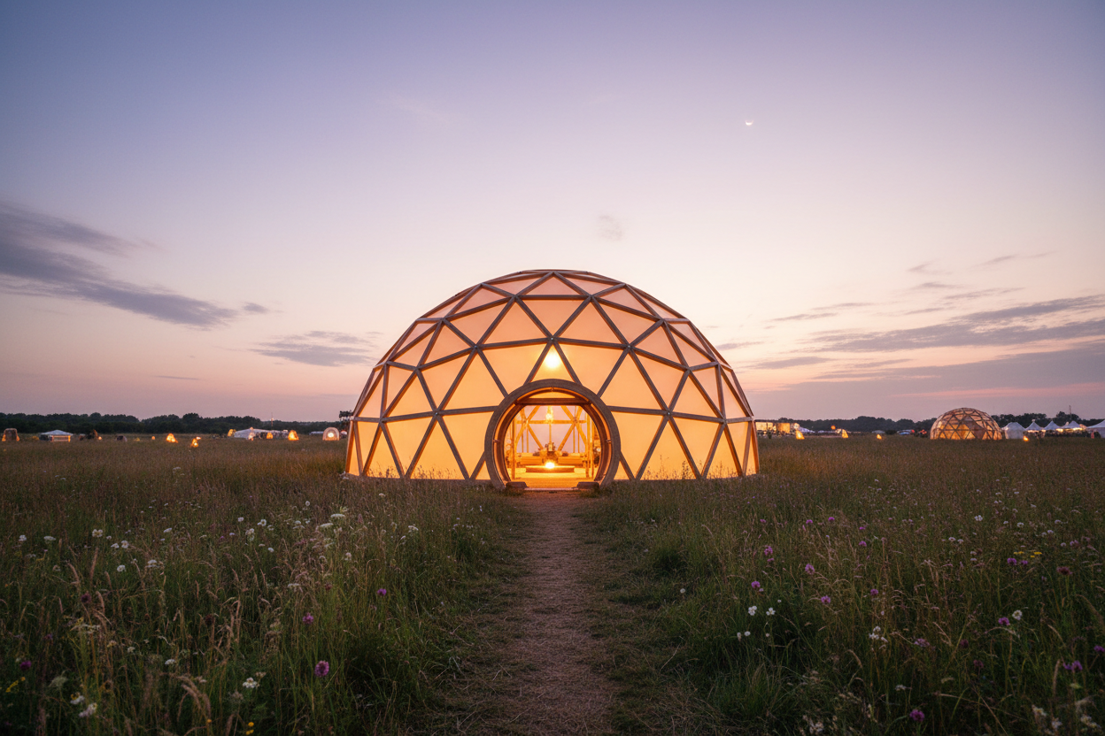 Geodesic healing dome at twilight with warm interior glow