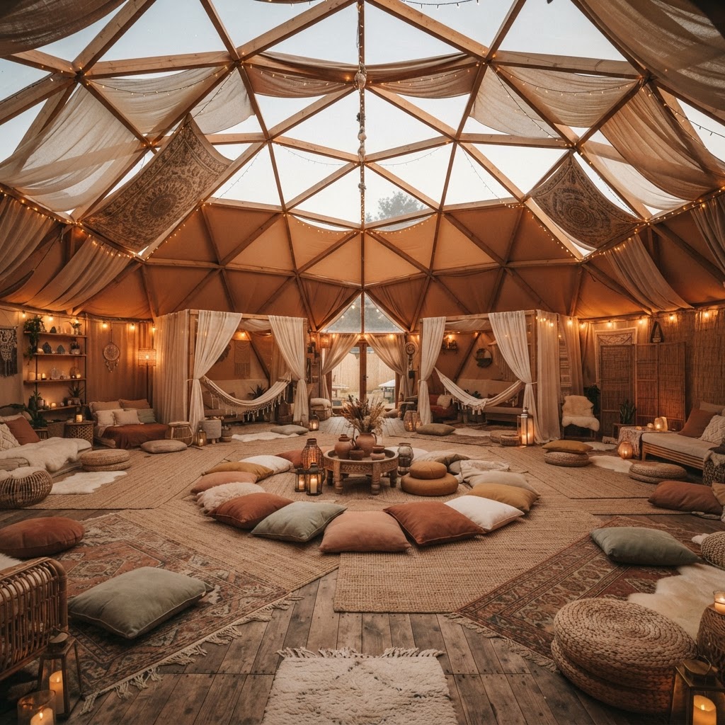 Expansive festival dome with calming interior grounding spaces