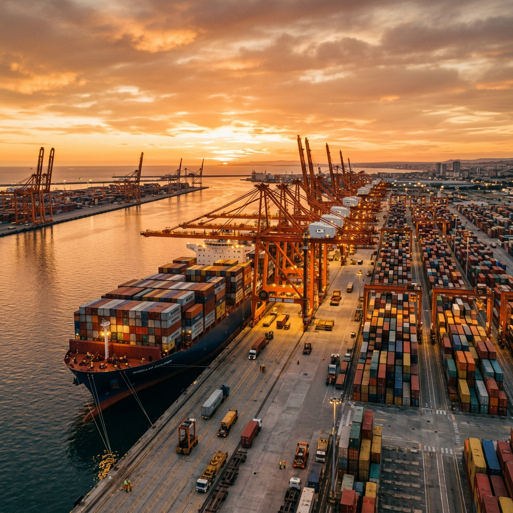 Large commercial shipping port with container cranes and cargo vessels