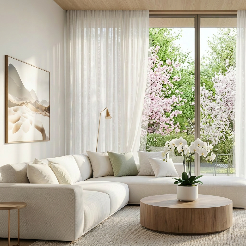 Luxury staged living room with white orchid and spring light