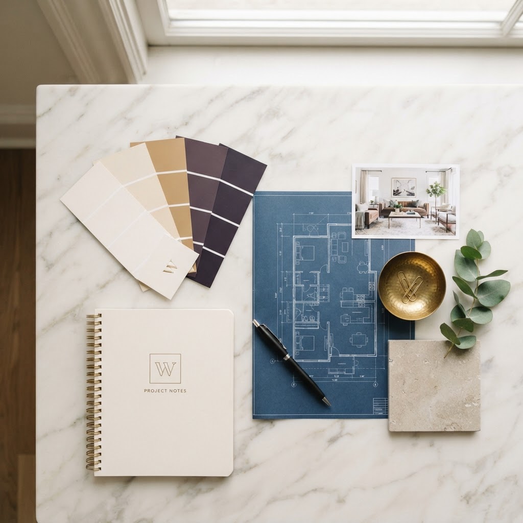 Property preparation flat lay: paint swatches, blueprint, styled interior photo, notebook and brass accessories