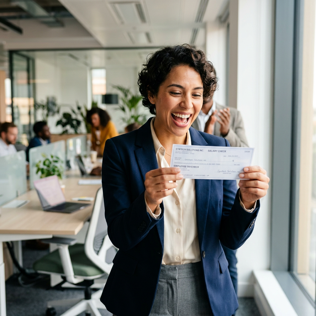 Employee receiving paycheck
