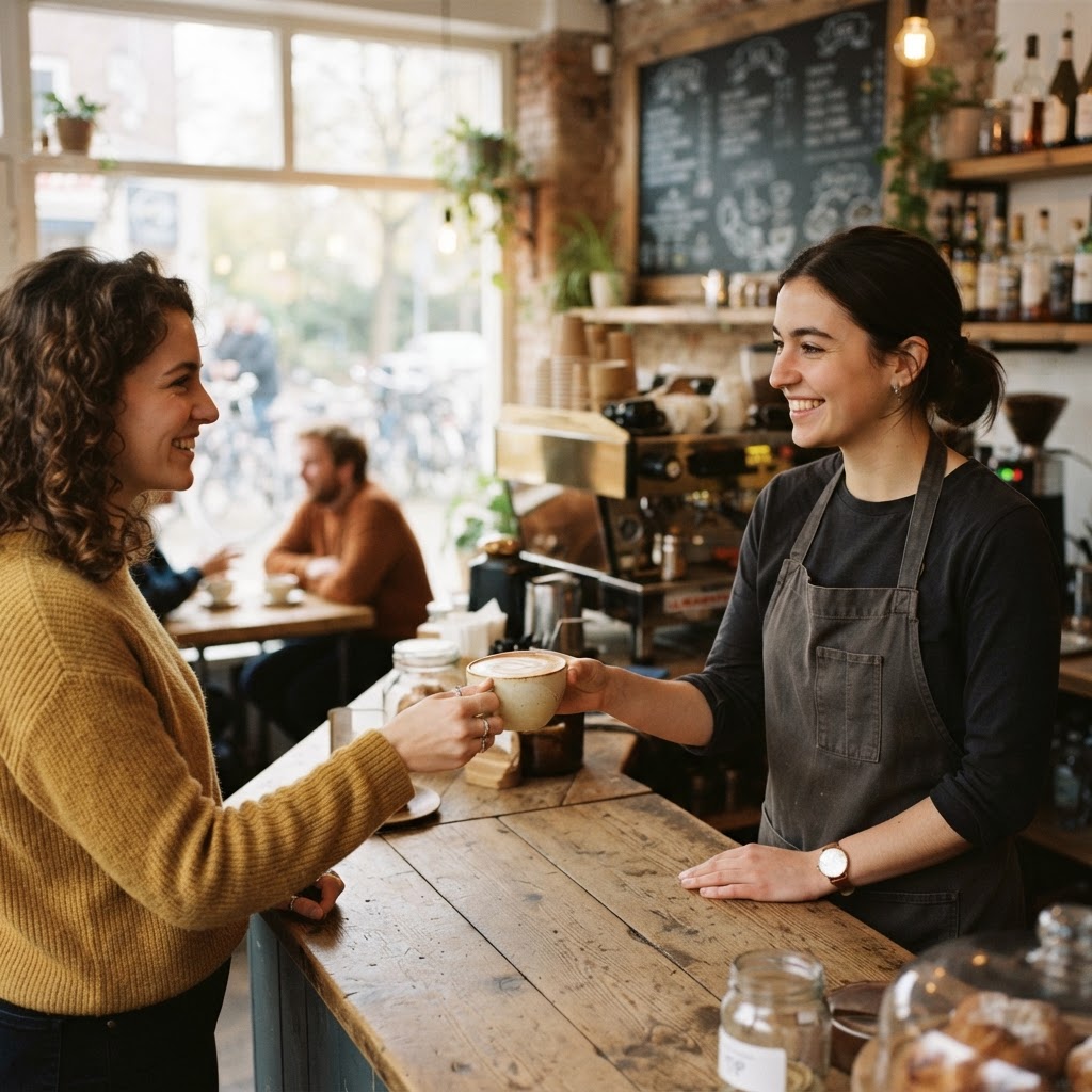 Barista handing a coffee to a customer inside a small coffee shop
