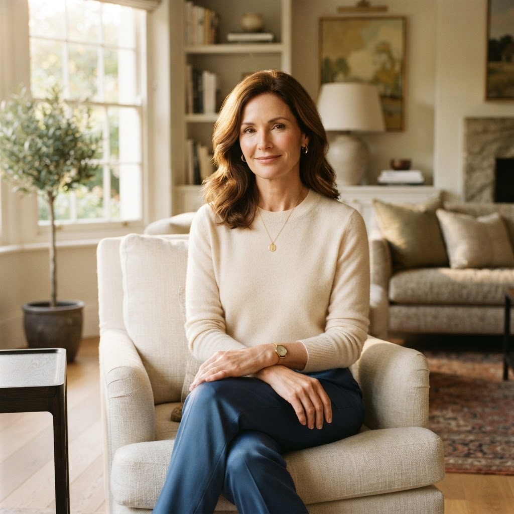 One-on-One Session — A poised woman with hands resting calmly in a refined sunlit living room