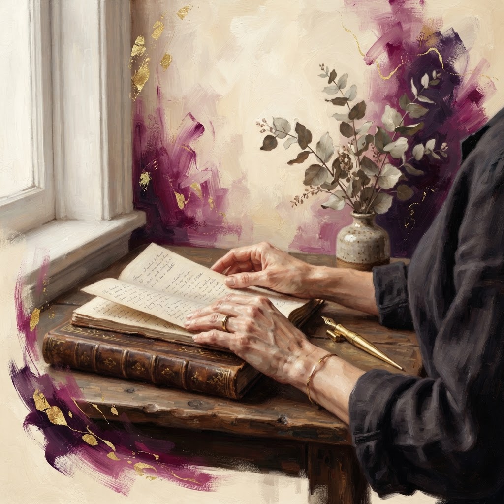 Sacred Business Coaching — A woman at a table with a notebook and laptop in warm light