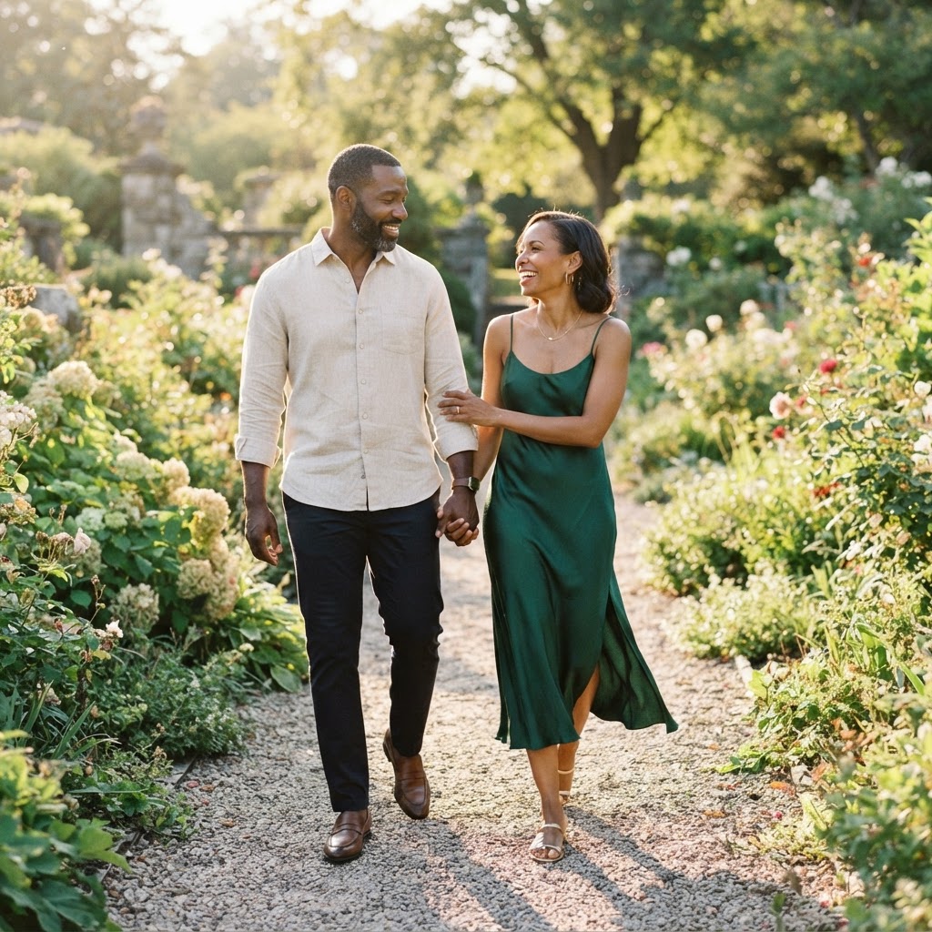 Sacred Partnership — A Black couple walking hand-in-hand through a sunlit garden