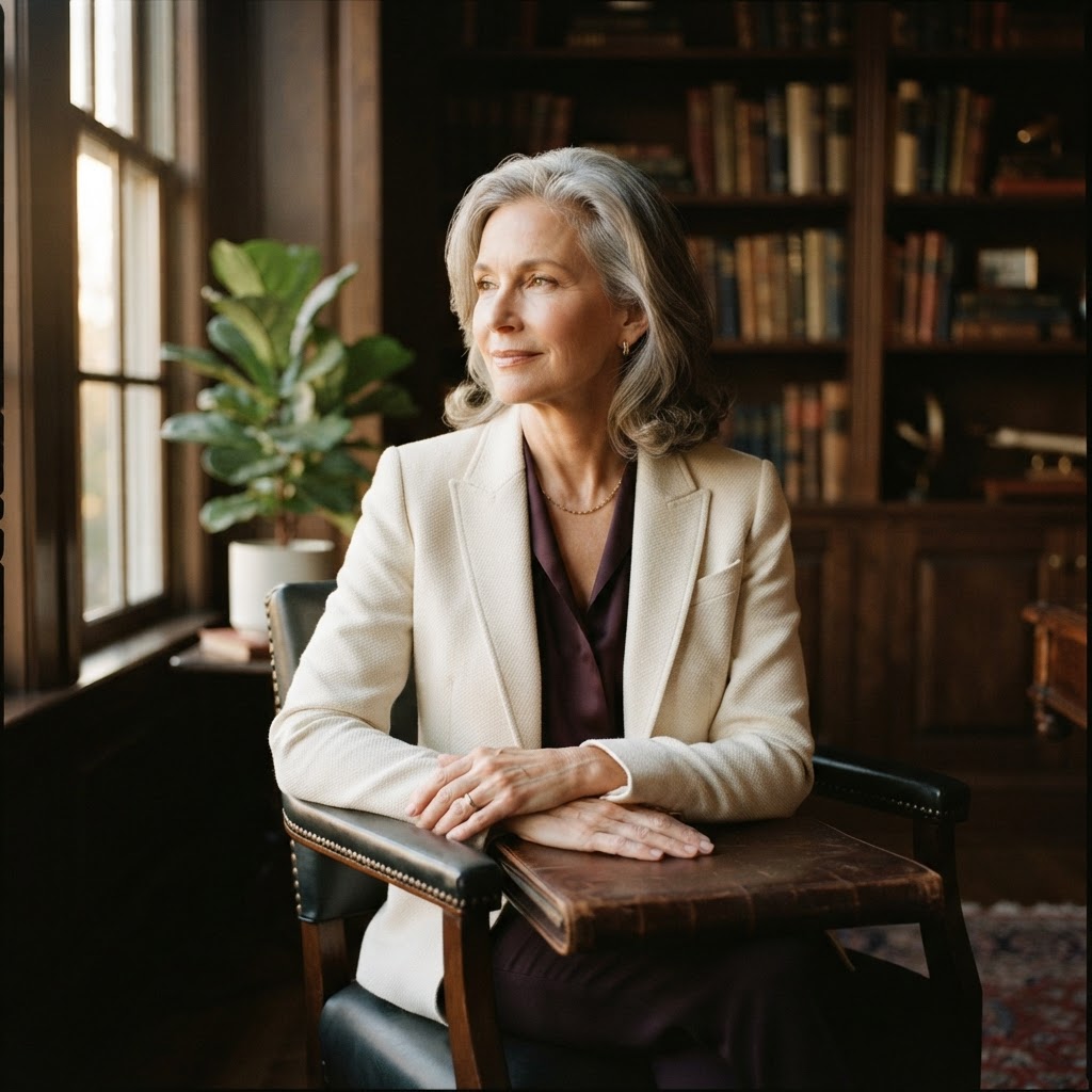 Executive & Ownership Advisory — A poised woman in a tailored blazer seated in a quiet executive study