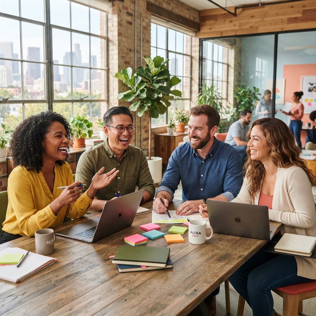 Collective Awakening — A diverse team collaborating in a bright modern workspace
