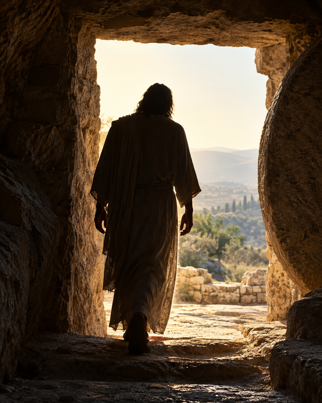 A figure in a robe walking from a dark stone tomb out into morning light