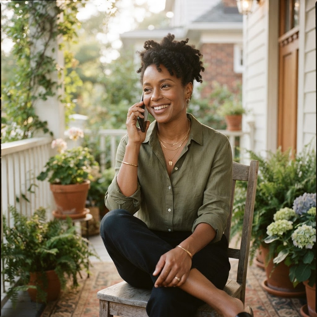 Connect Call — a warm, refined phone conversation with a Black woman on a charming front porch