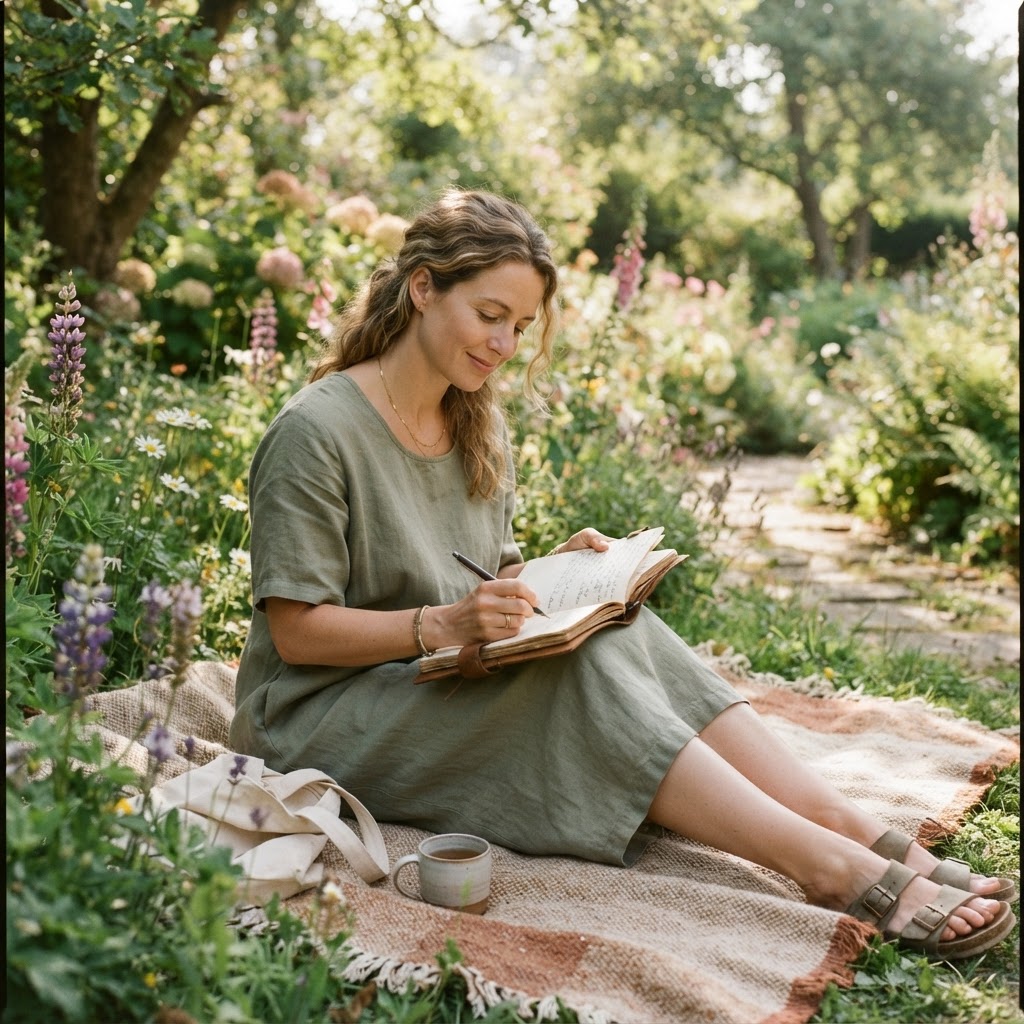 Guided Growth Pathway — A woman sitting outdoors with a journal in a sunlit garden