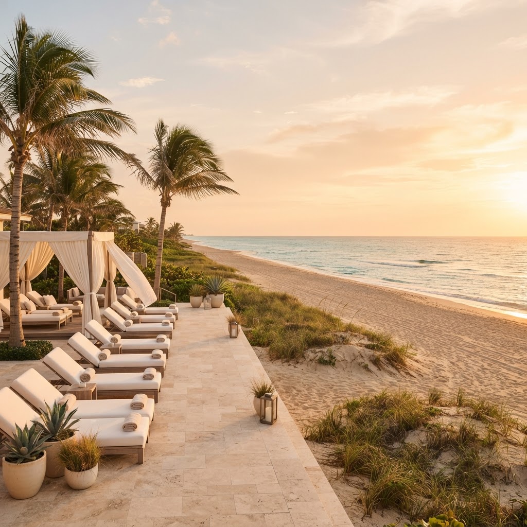 A beachfront terrace of pale stone with linen loungers and a draped cabana, opening onto a broad sweep of soft sand and calm ocean at golden hour
