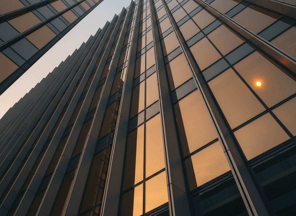 Modern glass building at golden hour