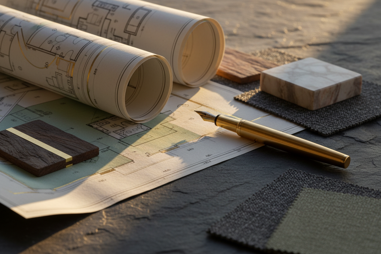 Architectural blueprints and building materials