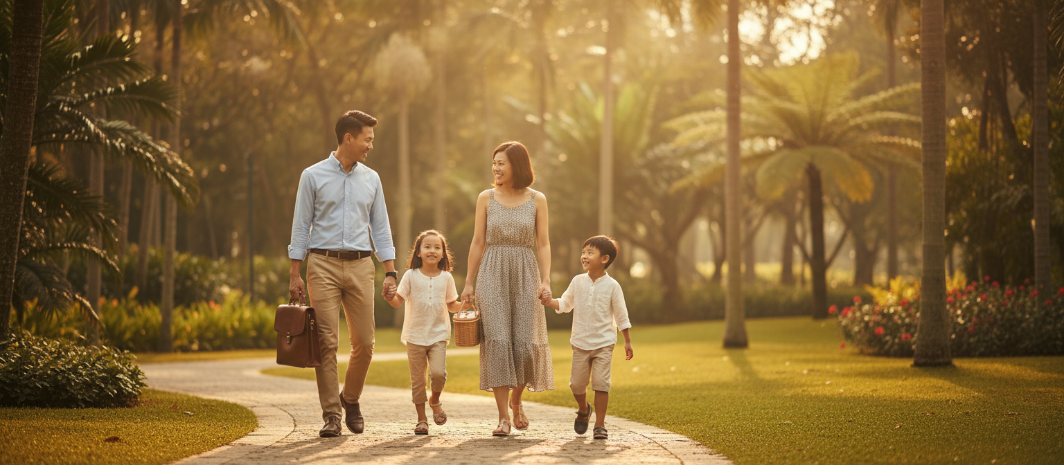 Happy family walking in a Singapore park