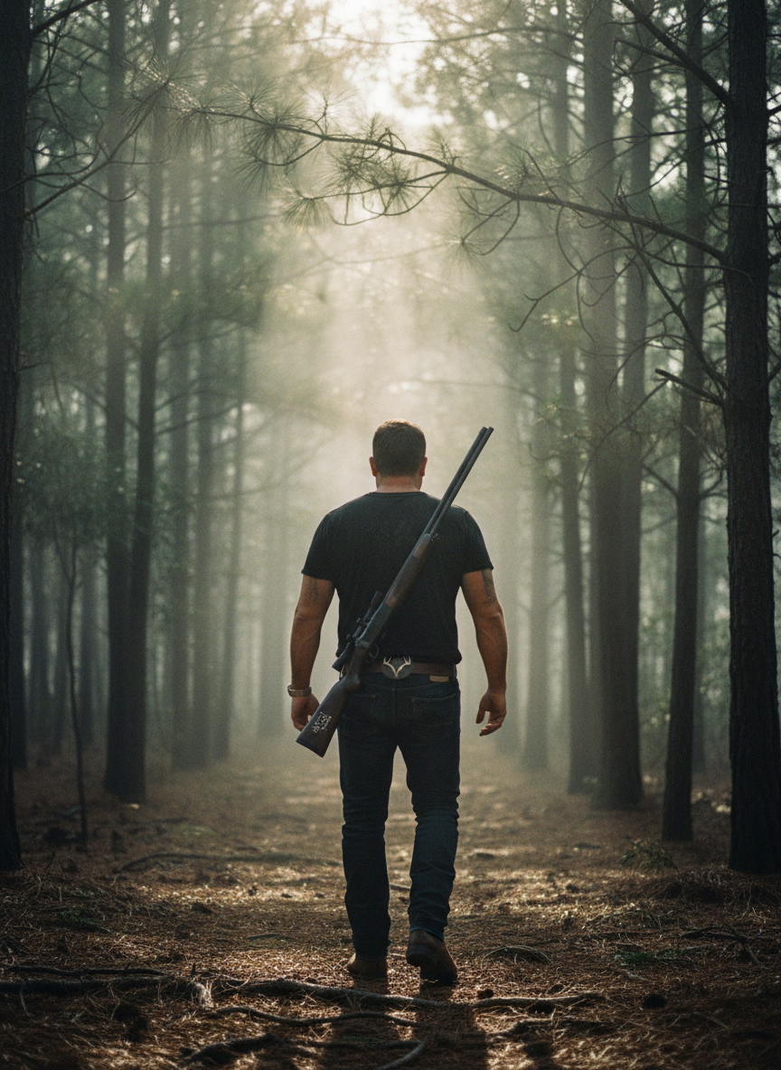 Man walking through misty pine forest
