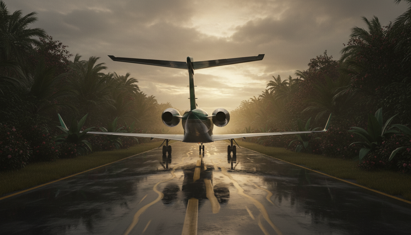 Private jet on rain-slicked runway