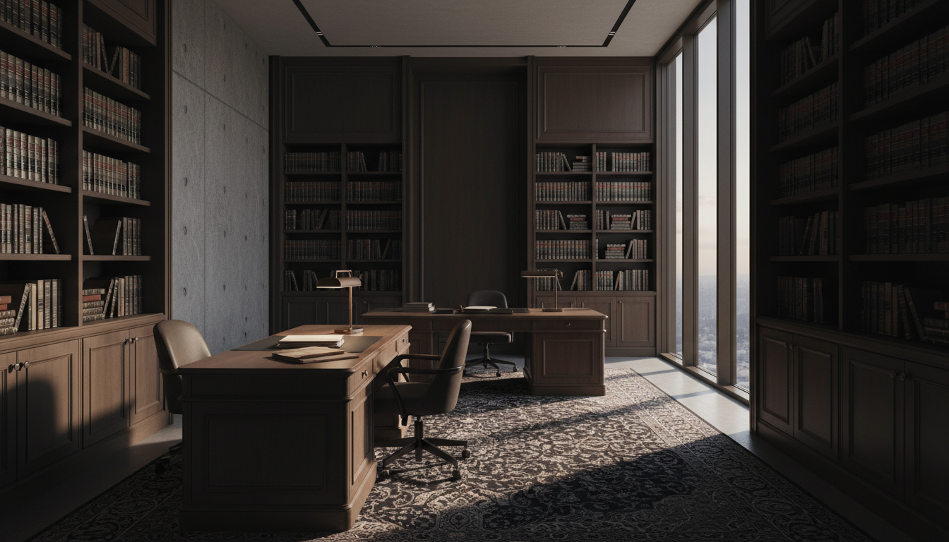 Luxurious law office at dusk with dramatic lighting