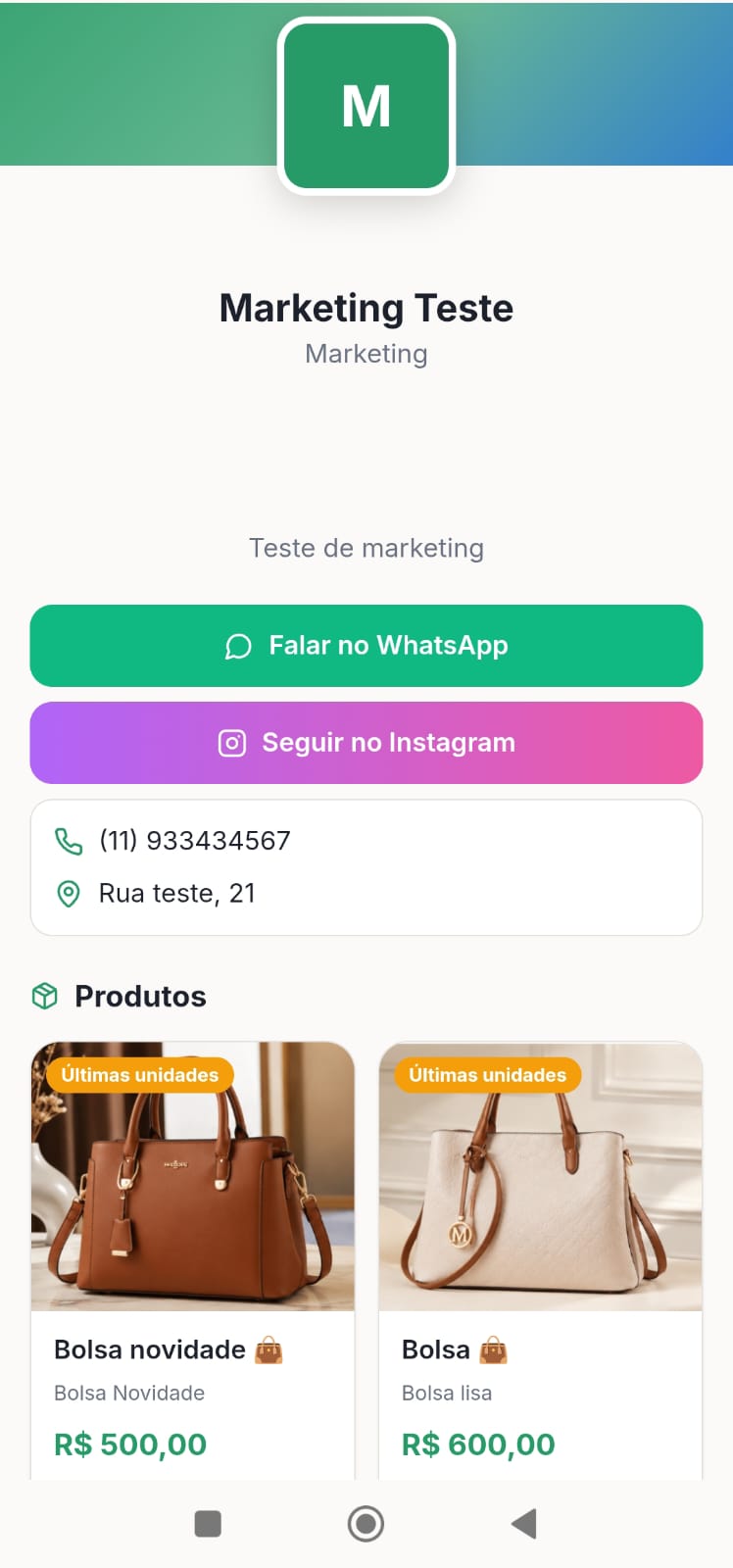 Lojinha digital — catálogo de bolsas compartilhável com clientes no WhatsApp e Instagram