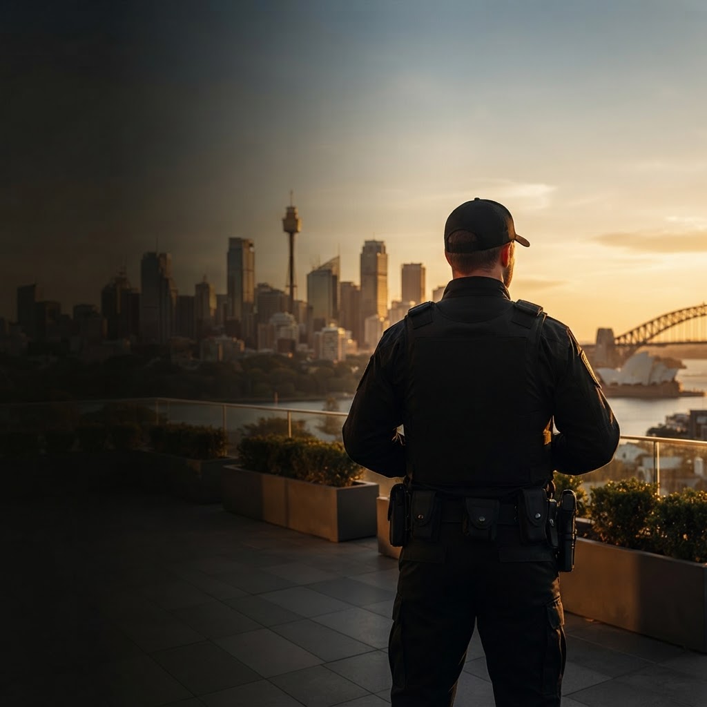 Sentinel security guard overlooking the Sydney city skyline at sunset