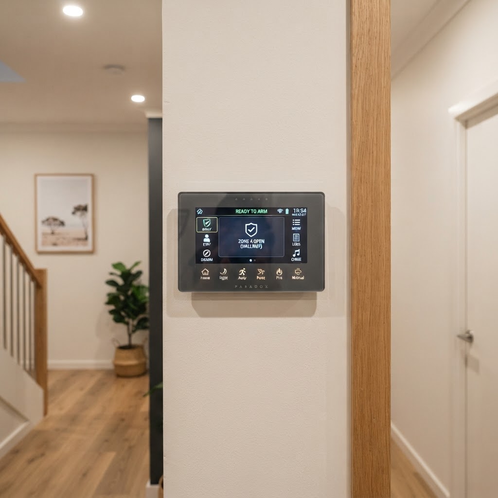 Security alarm keypad installed on an interior wall of a modern home