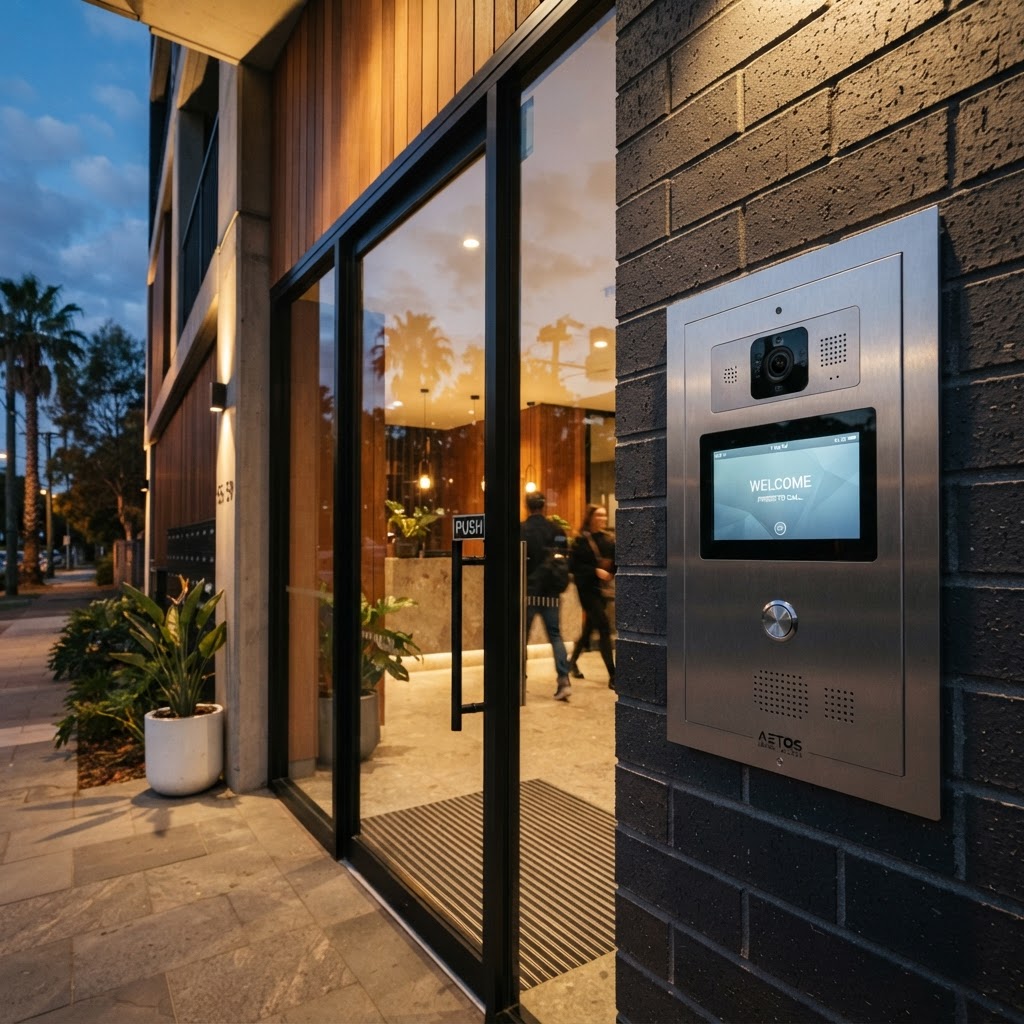 Video intercom door station at a contemporary apartment building entrance