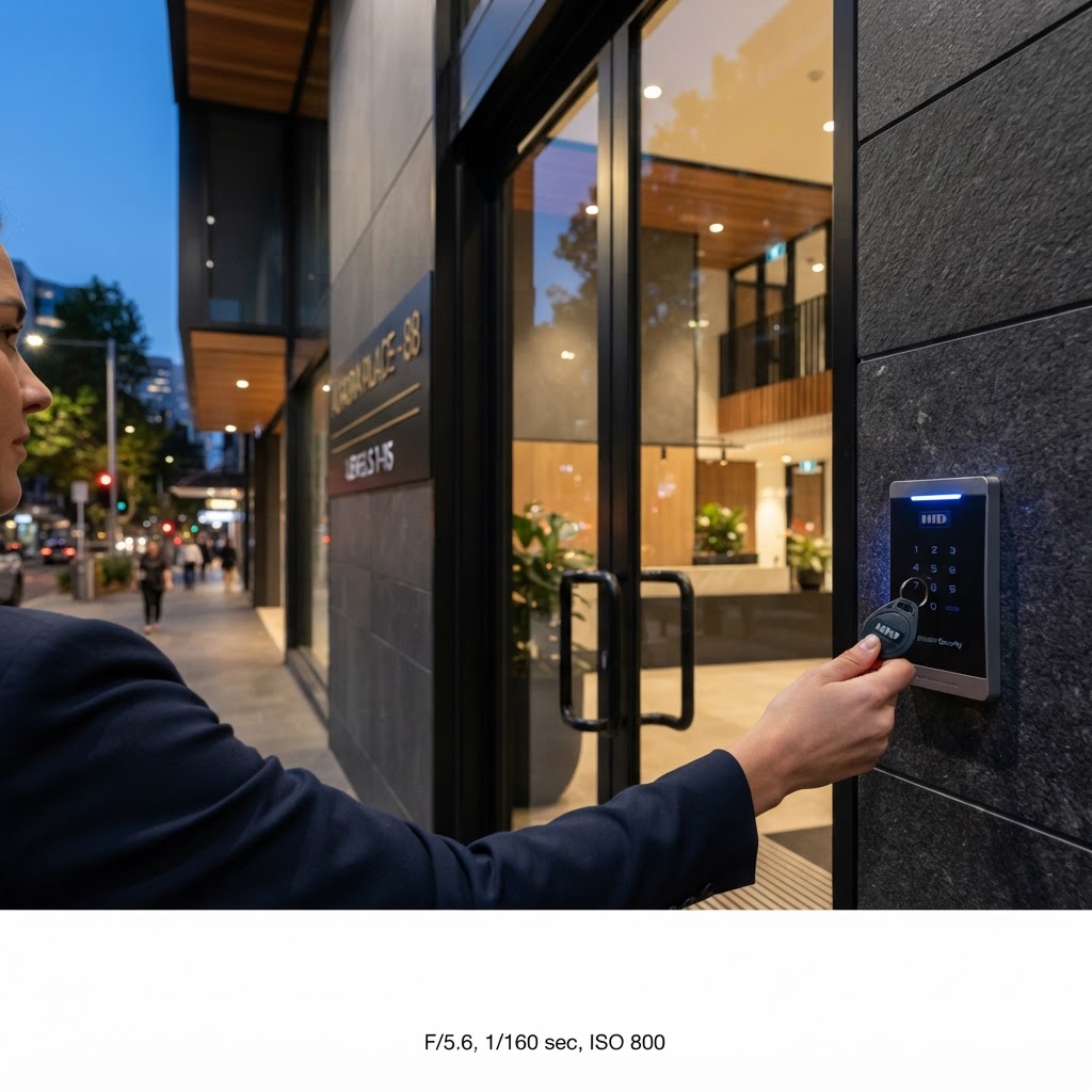 Access control card reader beside a glass office door in a modern commercial building