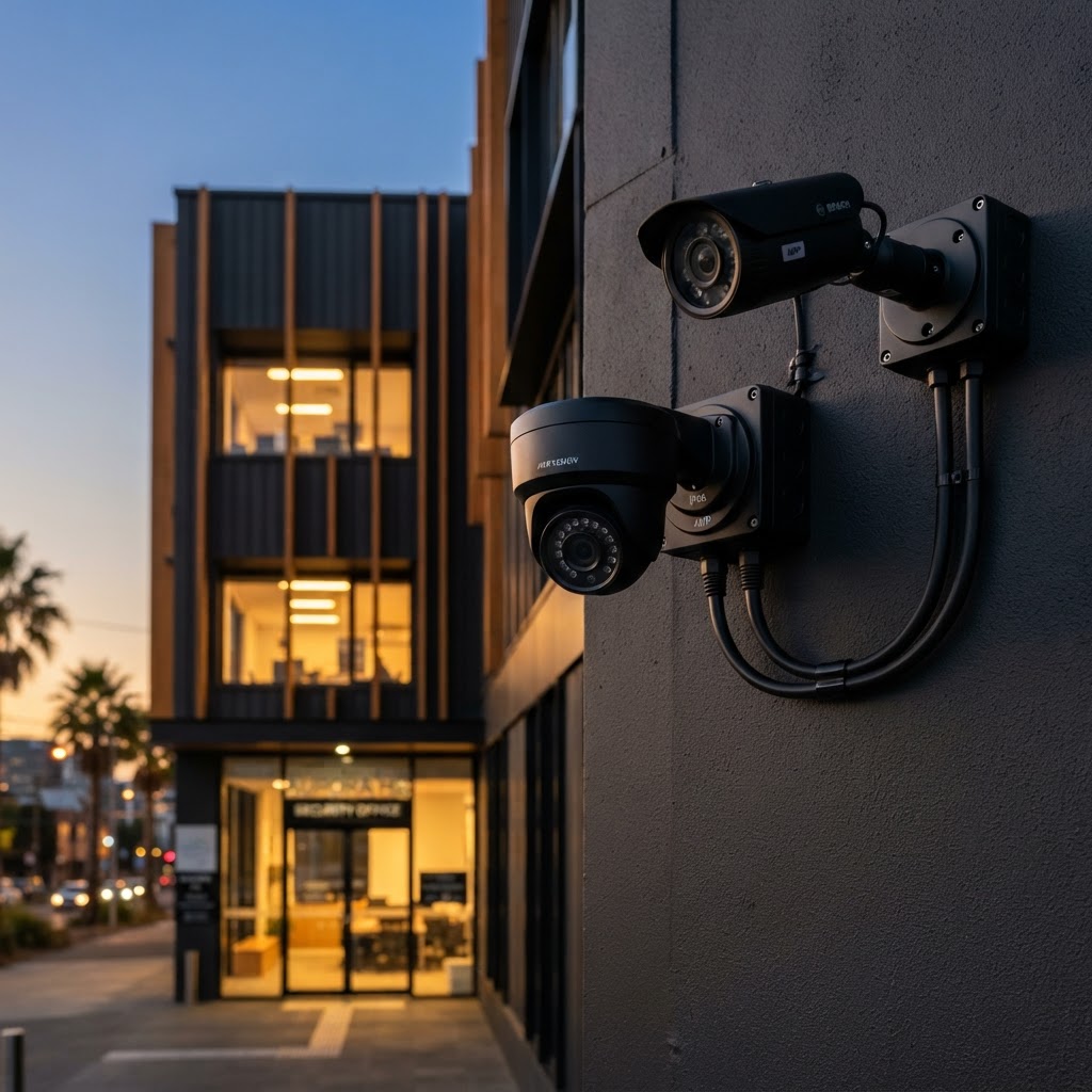 CCTV security camera installed on a modern commercial building at dusk