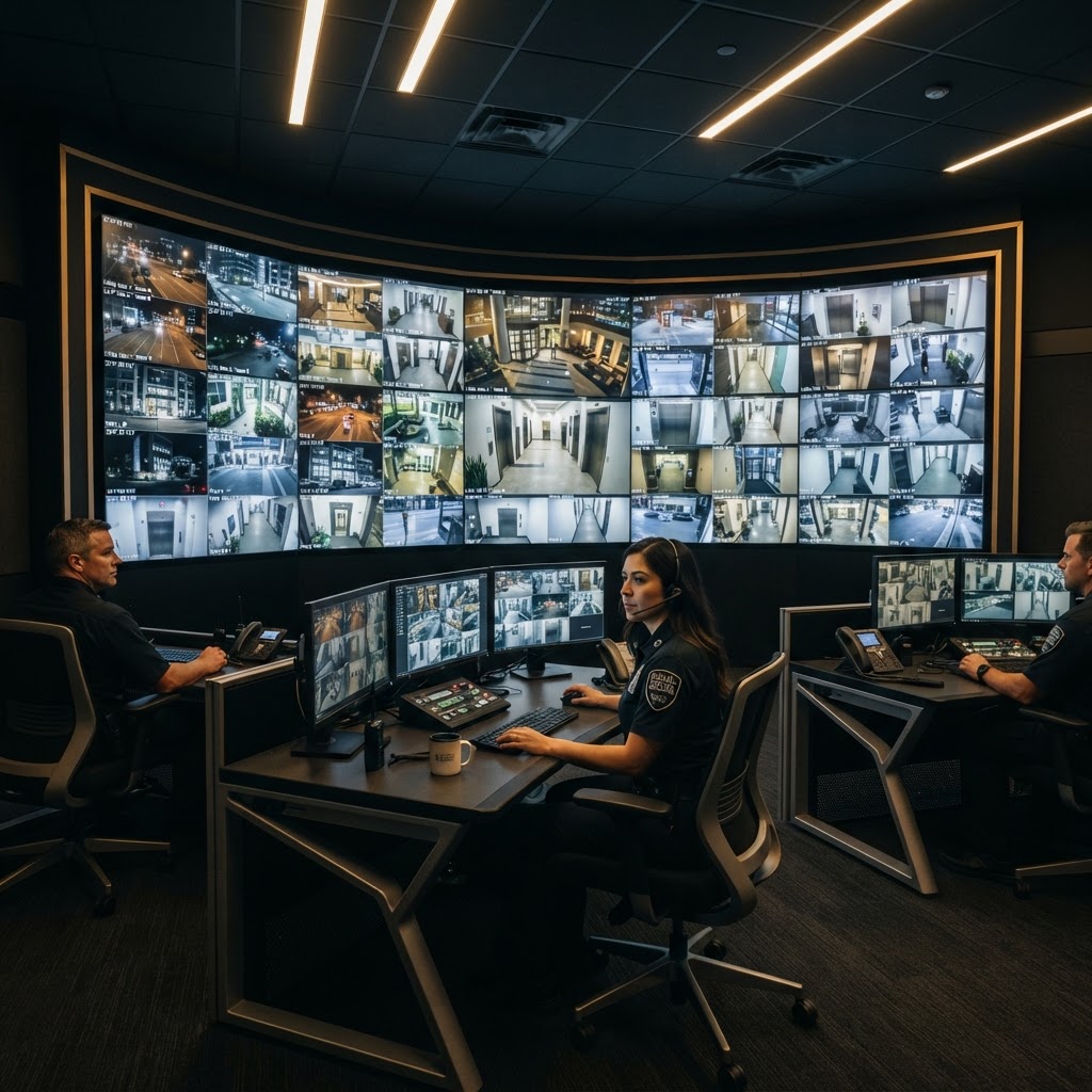 Electronic security monitoring room with CCTV surveillance screens