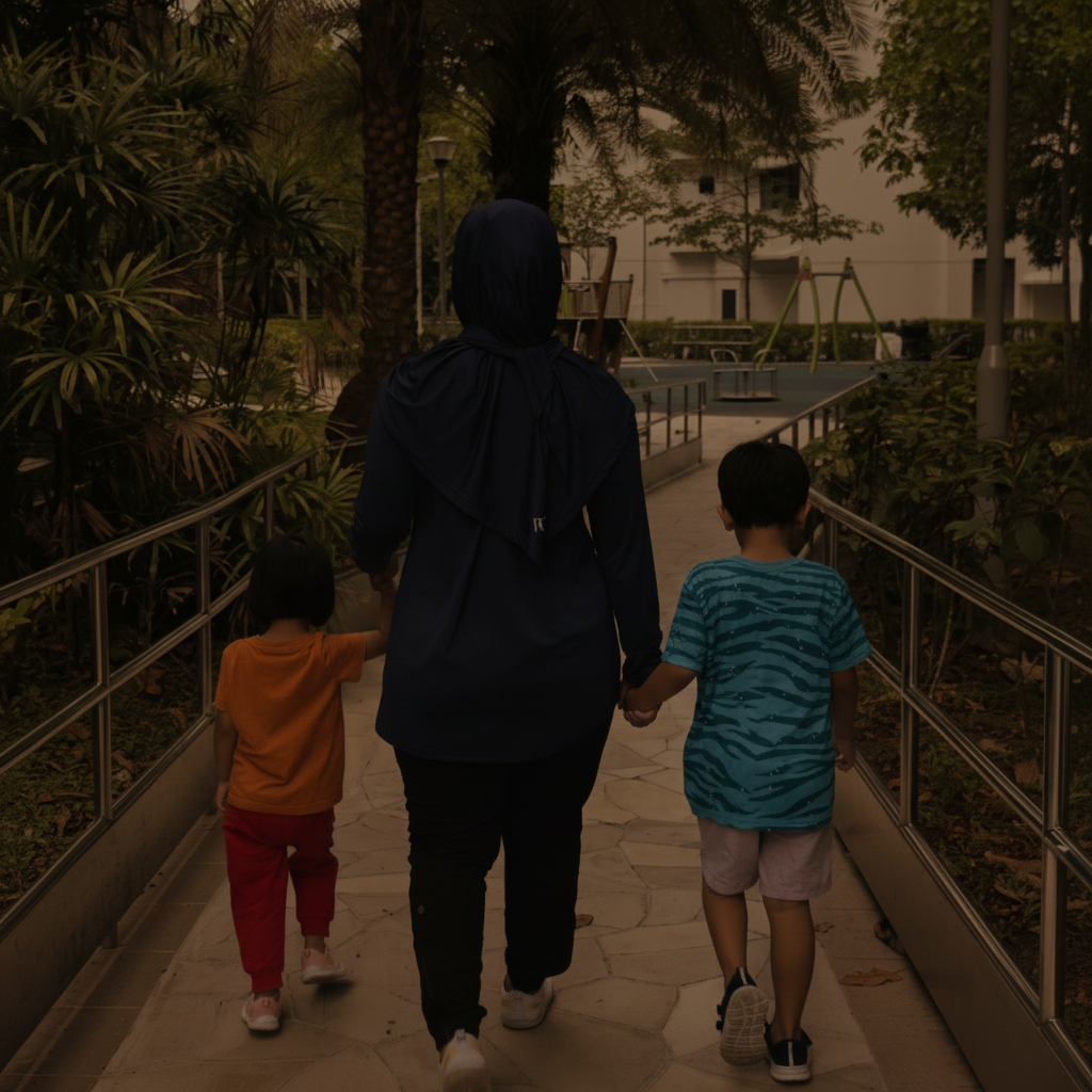 Hayati walking hand in hand with her two children — strength extends beyond the gym