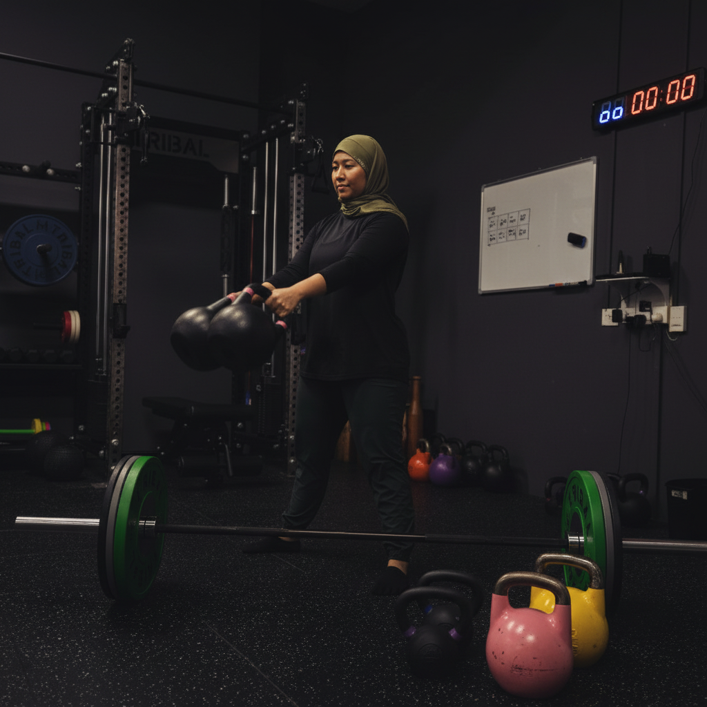 Alpha Fit training session with kettlebells and barbells in atmospheric gym lighting