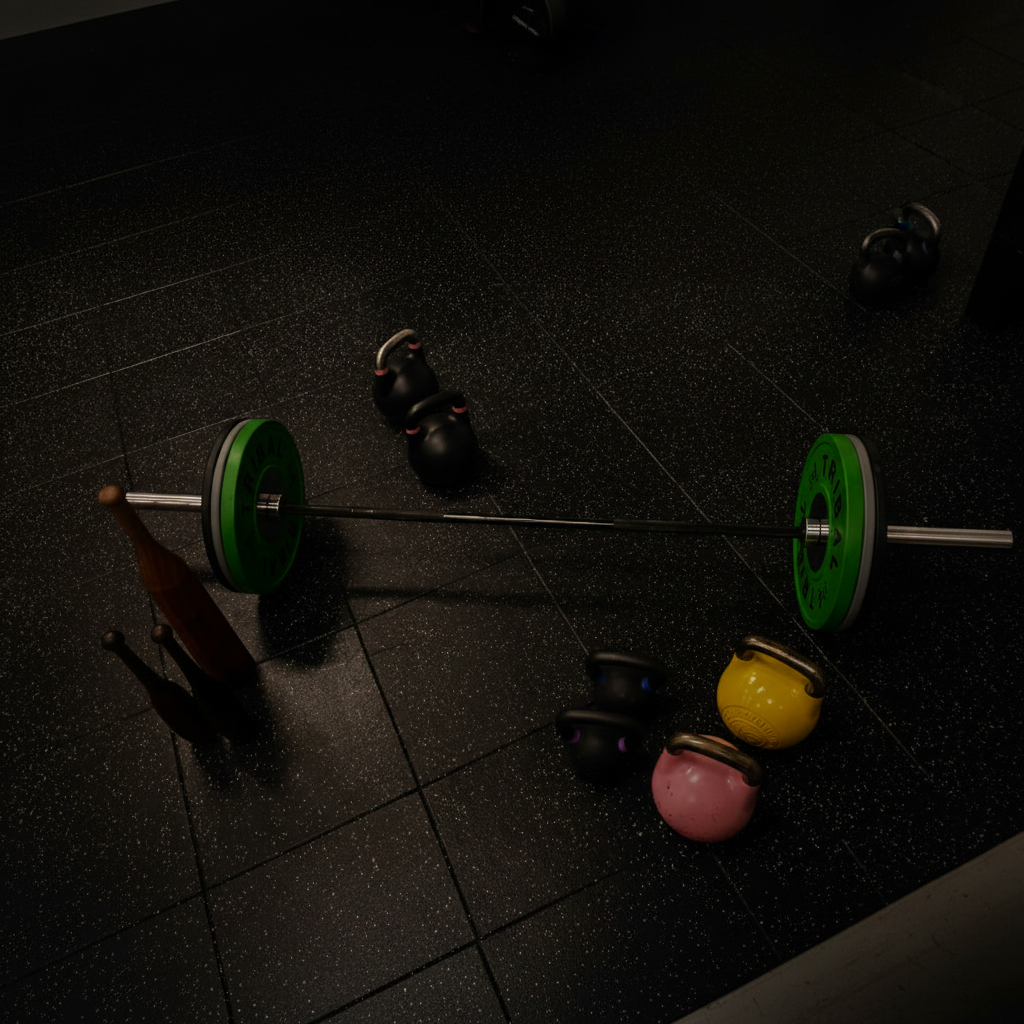 The Alpha arsenal — kettlebells, clubbells, and barbells arranged on the gym floor