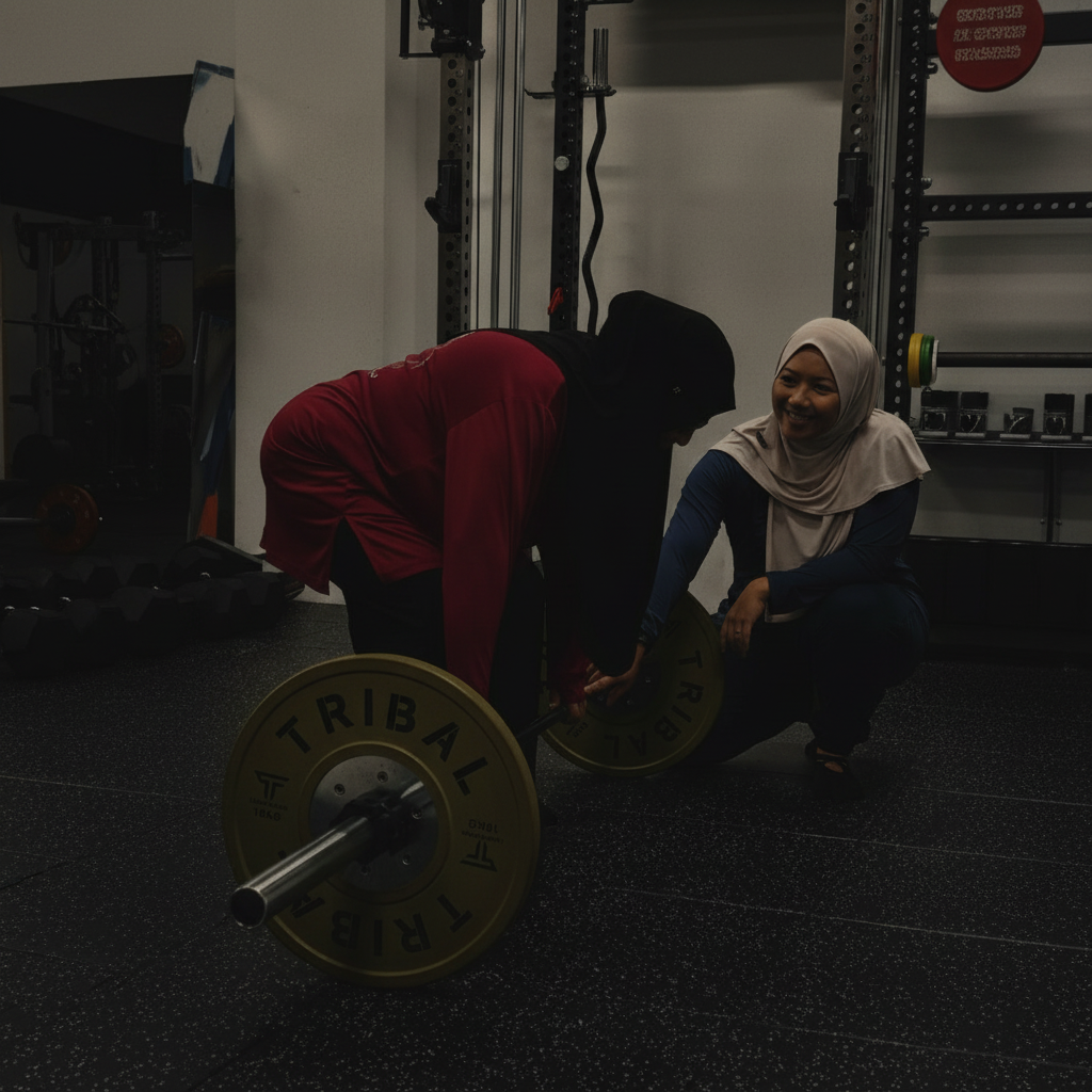 Hayati coaching a 1-on-1 personal training session on deadlift technique with barbell