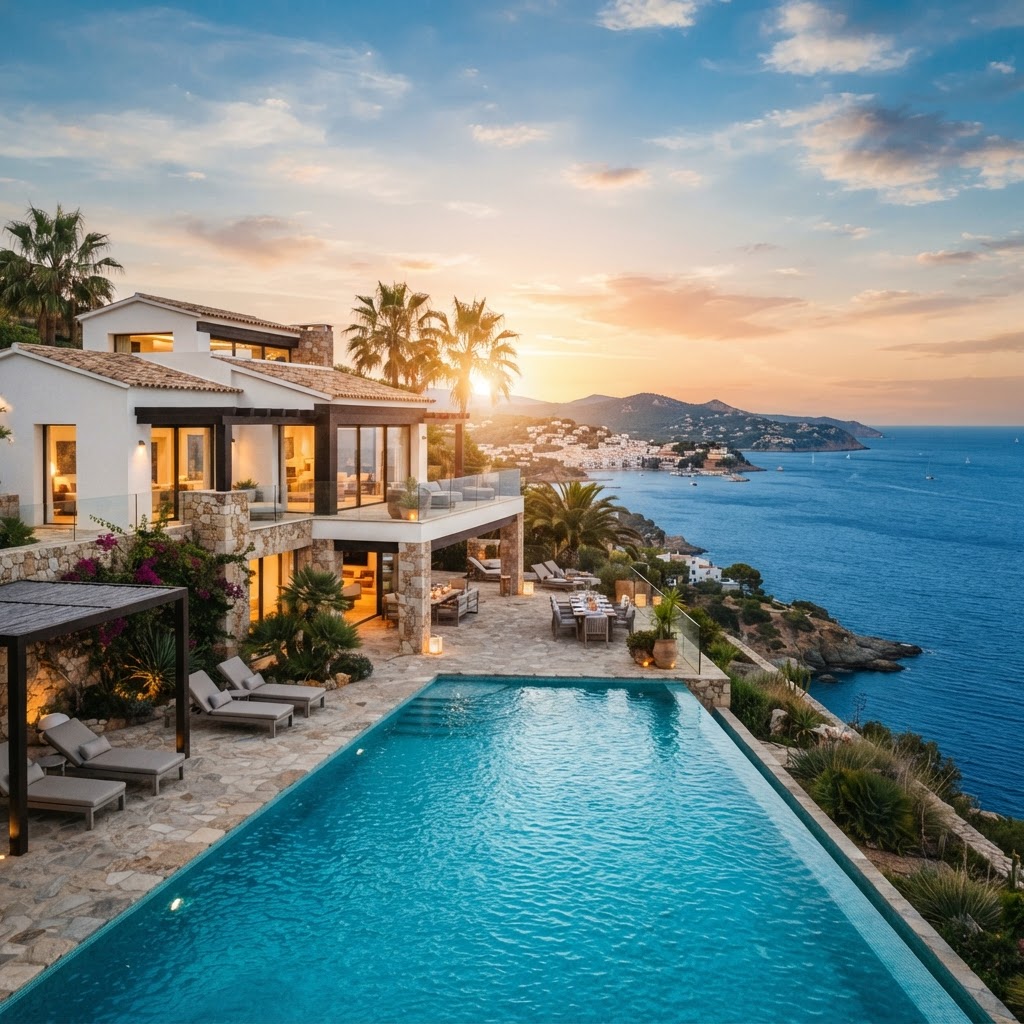 Luxury Spanish villa with turquoise pool overlooking the Mediterranean sea