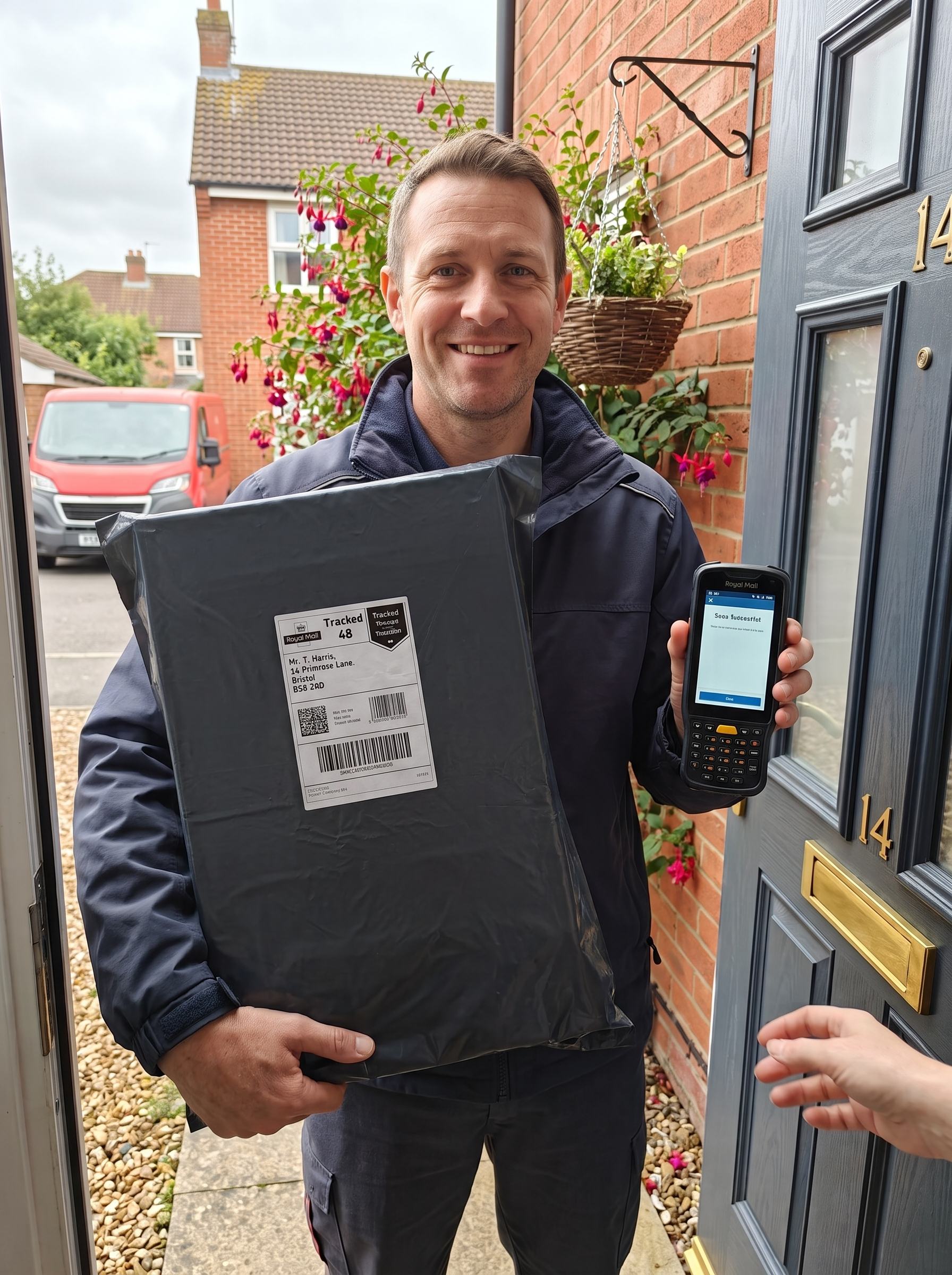 Royal Mail courier handing over a tracked ReturnKits parcel at the door