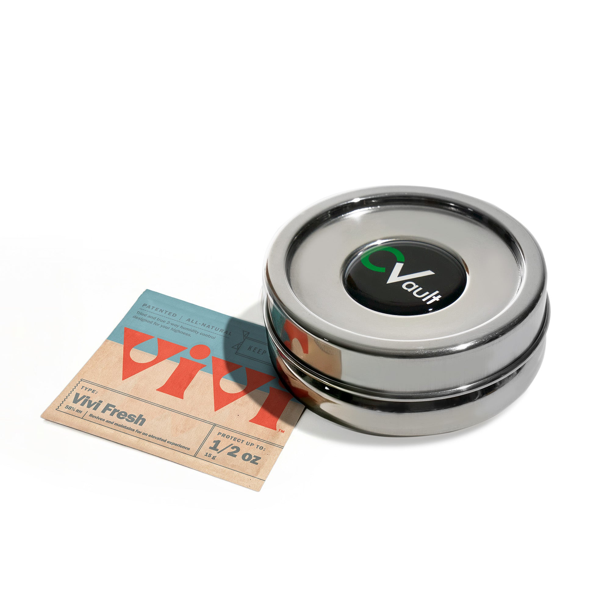CVault stainless steel container and lid with a Vivi Fresh humidity pack