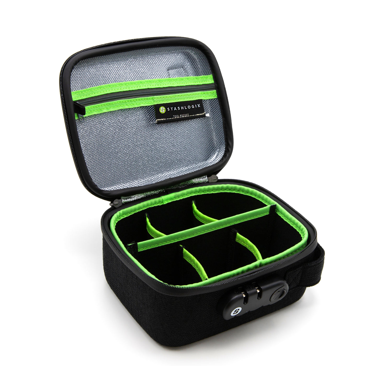 Open black STASHLOGIX Silverton case showing its divided interior