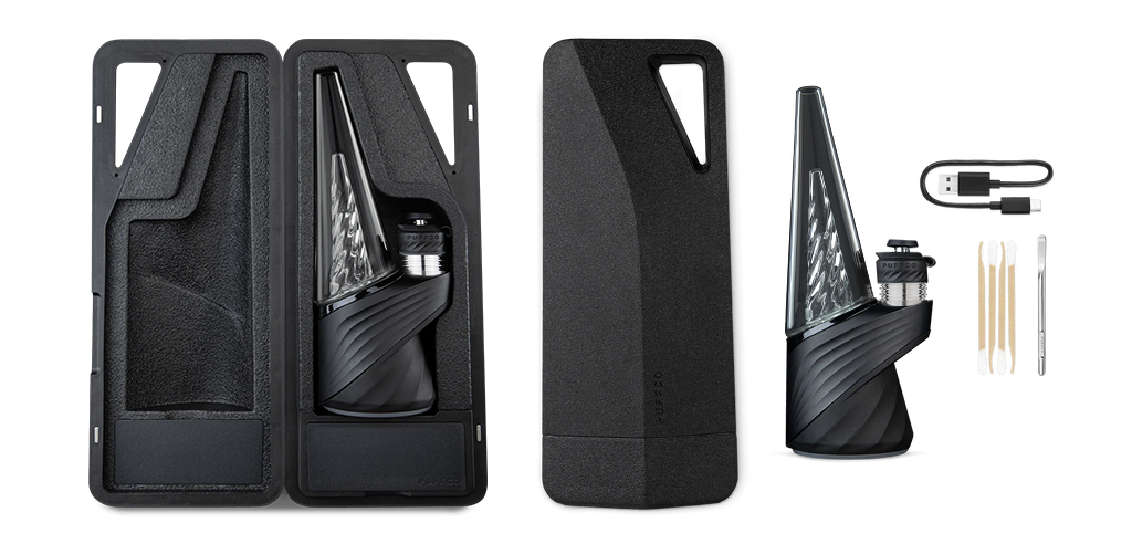 Puffco Peak Pro Onyx kit with the device and accessories arranged flat.