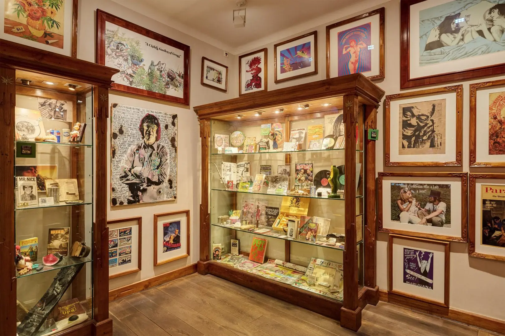 Display cabinets and framed works inside the Hash Marihuana and Hemp Museum